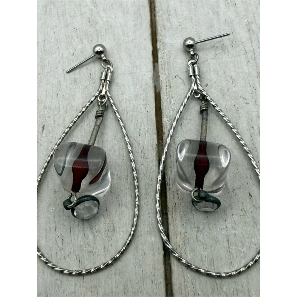 Vintage Clear Glass Drop Earrings with Red Accent